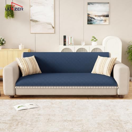 Image of Lukzer Quilted Sofa Cover Mat with Tassels for 5 Seater Sofa - Midnight Blue | Soft Washable Anti-Slip Protector for Living Room | Furniture Cover for Back-Seat Slipcover 3+1+1 Seat Cover /SC-191-5T