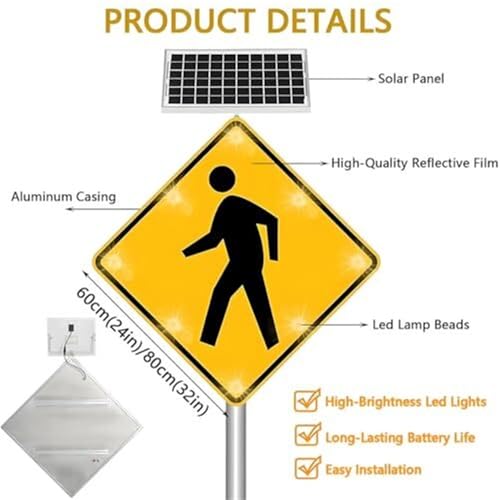 Semáforo LED, señal de Cruce peatonal LED con energía Solar - Señal de tráfico Reflectante de 81 x 81 cm con Marco de Metal Resistente a la oxidación para Mayor Visibilidad y Seguridad.