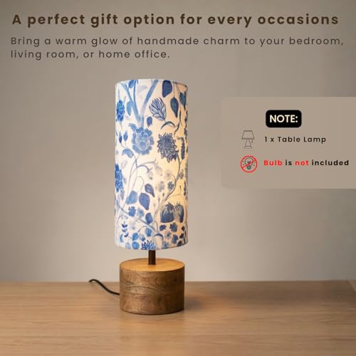 Image of ExclusiveLane 'Indigo Bloom' Mango Wooden Decorative Table Lamp for Bedroom (37.4 Cm, Without Bulb, Pack of 1, Handcrafted) |Table Lamp for Living Room Decoration Lamps Bedside Lamp for Bedroom