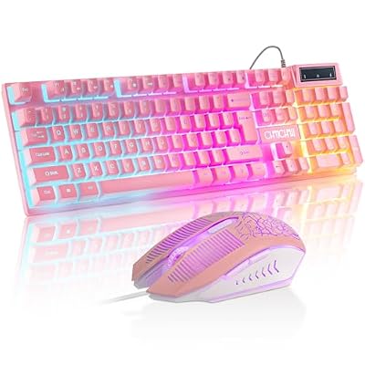 CHONCHOW Pink Gaming Keyboard and Mouse Combo with LED, 104 Keys Wired Light Up Pink Keyboard and Cute Mouse Set for PC Laptop Computer PS4 PS5 Xbox, 19 Keys Anti-ghosting, Multimedia Keys, Number Pad