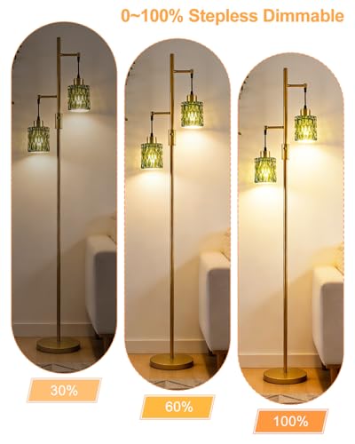 Image of 65IN Glass Floor Lamp, 2-Light Gold Standing Tall Lamps Dimmable with Green Glass Lampshade, 3000K Warmwhite Mid Century Modern Floor Lamp with 5Lbs Heavy Base for Living Room /Bedroom /Corner