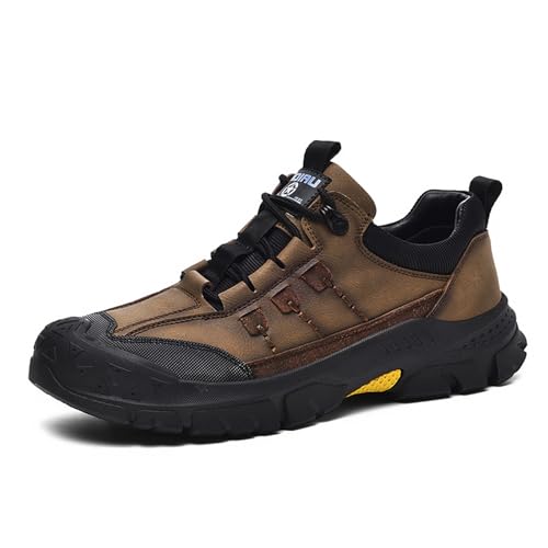 EGGDK Men's Fashion Hiking Shoes Comfort Platform Anti-Collision Toe Cap Lace-Up Anti-Slip Wear-Resistant Sneakers for Trail Travel Outdoor (Khaki,12)