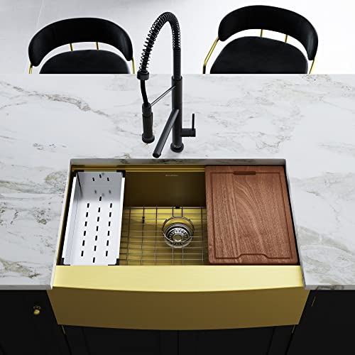 Image of Tourner 33 x 22 Stainless Steel, Single Basin, Farmhouse Kitchen Workstation Sink with Apron in Gold