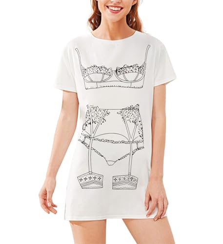 JULGIRL レディース 面白い ランジェリー ナイトガウン - かわいいプリント 半袖 Tシャツ 寝間着 コットン 寝間着 カジュアル ナイトシャツ, ホワイト-16, X-Large（Amazon）