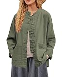 IXIMO Women's Linen Shirt Jakctes Vintage Cotton Long Sleeve Blouses Chinese Style Tunic Tops Green X-Large