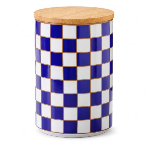 XYQXYQ Checkered Airtight Ceramic Canister with Bamboo Lid for Food Storage