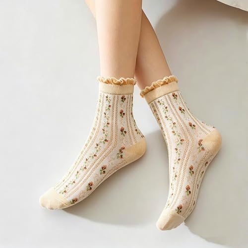 Image of DXYAKY 5 Pairs Womens Floral Cotton Socks Vintage Patterned Crew Socks Novelty Ankle Ruffled Warm Casual Dress Socks