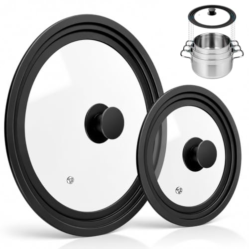 Universal Lid for Pots Pans and Skillets 2 Pack Pan Cover fit 7 8 9 & 10 11 12 Diameter Cookware Silicone Replacement Pan Lid Pot Lids for Frying Pans Cast Iron Tempered Glass Lid