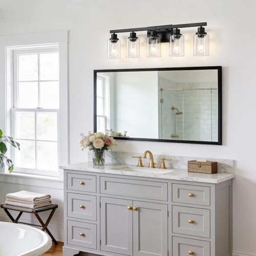 Image of 5-Light Black Bathroom Vanity Light, Modern Vanity Lighting Fixture for Bathroom, 31 inch Matte Light Fixture, Wall Sconces with Clear Glass Shade, Black Bathroom Wall Light Over Mirror