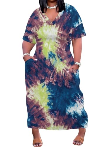 Image of PinkPatty Women's Plus Size Short Sleeve Maxi Dress Casual Loose V Neck Long Dress with Pockets