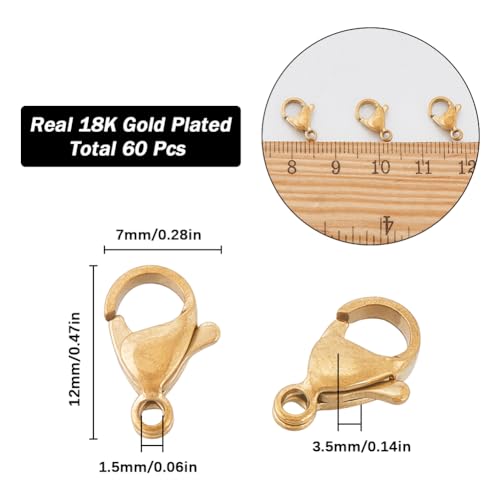 SUNNYCLUE 1 Box 60Pcs Real 18K Gold Plated Stainless Steel Lobster Claw Clasps 12x7mm Mini Small Jewellery Clasps Bracelets Clips Closures Fastener Hook Clasp Lobster Clasps for Jewellery Making Kits - Image 2