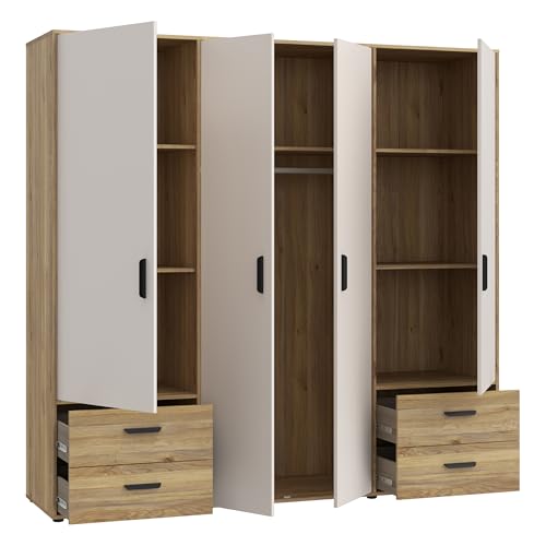 Forte Jupiter Kleiderschrank 200 210, Schrank mit 4 Drehtüren und 4 Schubladen, Kaschmir/Beige, Sand/Mauvella Eiche Dekor, 205,9 cm breit, 200,1 cm hoch, 52,7 cm tief