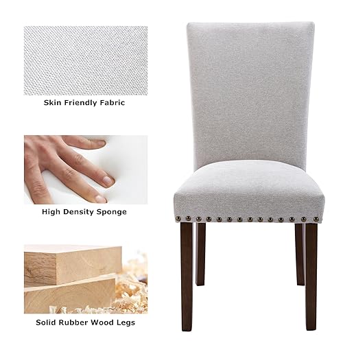 Image of COLAMY Upholstered Parsons Dining Chairs Set of 2, Fabric Dining Room Kitchen Side Chair with Nailhead Trim and Wood Legs - Light Grey