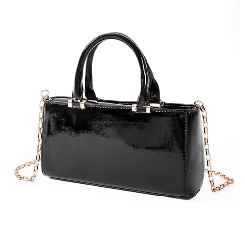 SKYK Bolsa feminina de couro sintético envernizado brilhante pequena bolsa de ombro com alça superior, Preto