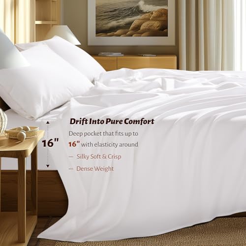 Shilucheng 100% Egyptian Cotton Sheets Set - 1000 Thread Count,Luxury Cotton Bed Sheets,Breathable & Cooling Bedding and Pillow Cases, 16 Inch Deep Pocket - 4 Piece (White, Full)
