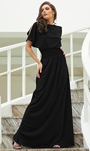 Koh Koh Plus Size Womens Long Flowy Short Sexy Slit Sleeve Casual Summer Modest Full Floor Length Boat Neck Soft Tall Mother Bride Groom Maxi Dress Dresses Gown Gowns, Black Xl 14-16 #TOP2