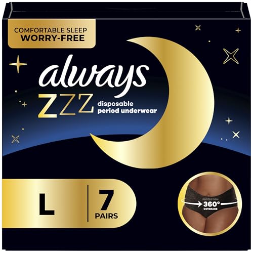 Always ZZZ Overnight Disposable Period Underwear for Women Size LG, 360° Coverage, 7 Count