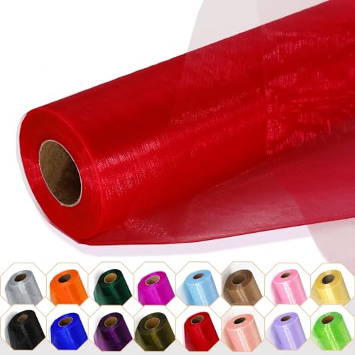 Red Organza Fabric Roll Crystal Organza 12' by 50 Yards Sheer Tulle Fabric Shiny Netting for Wedding Party Backdrop Gift Wrapping Christmas Decoration Table Runner DIY Crafts