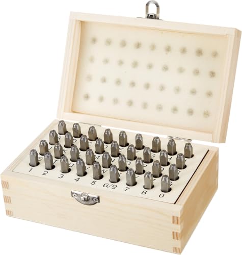 Image of Amazon Basics Metal Stamping Kit, Alphabet and Number Stamps, 36-Piece Set with Wood Storage Case, 4 /25 inch, for Leather, Wood, Clay, Crafting (Pack of 12)