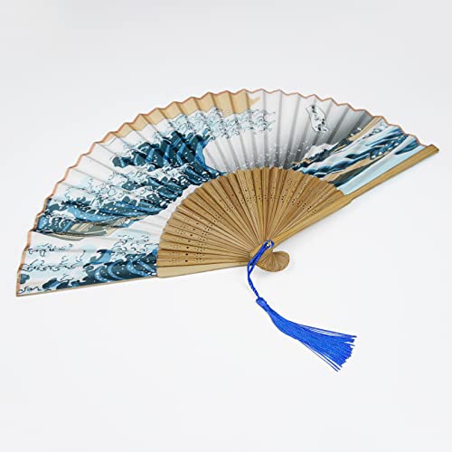 Japanese Fan Wave off Kanagawa Hand Fan Folding Silk Fabric Folding Fan with Tassel and Protection Women's Bamboo Fans for Wall Decoration Dancing Cosplay