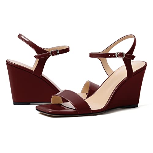 Soireelady Womens Wedges Heeled Sandals Square Toe Ankle Buckle One Strip Sandals4