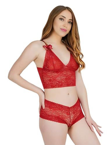 Image of Lace Plunge Bra & Panty Baby Doll Nightwear Dress with Adjustable Straps, Comfortable Lace Bralette and Hipster /Lingerie Set