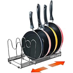 Ordenar Sartenes SCLLNDA Organizador de Sartenes y Ollas, Organizador de Sartenes Extensible,Soporte Sartenes de Tamaño Ajustable con 7 Compartimentos,Soporte para Sartenes,para Almacenar Tapas de Ollas,Platos,Negro