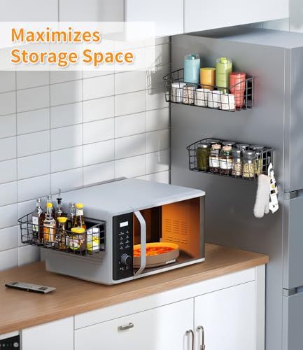 Image of 1Pack Magnetic Shelf for Refrigerator with Removable Hooks(Black) | Strong Magnetic Spice Rack for Kitchen Storage, Fruit Potato Onion Storage Shelves, Large Magnetic Basket Organizer