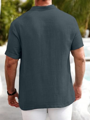 Image of Men Shirt | Black Textured Cotton Blend | Regular Fit Casual Shirt | Half Short Sleeve | Mandarin Chinese Collar | Button Down | Summer Office Wear | Stylish Shirt for Men