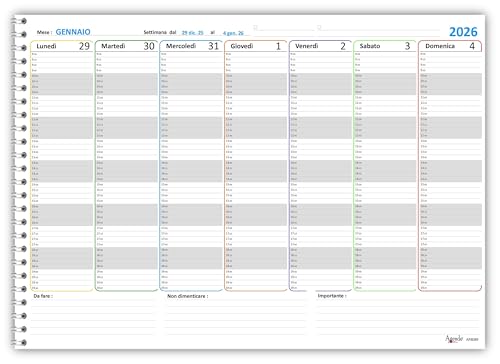 Agendepoint.it - Agenda Settimanale A3 2026, Planner Spiralato, 30x42cm, Pianificazione
