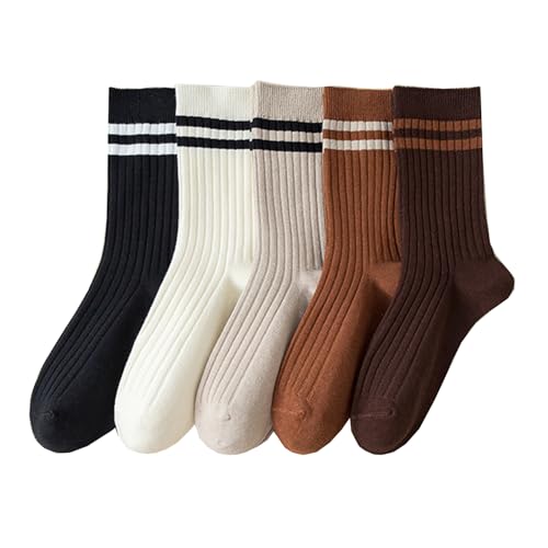 Image of Deeorla Womens Striped Crew Socks Brown Vintage Retro Athletic Socks 5 Pairs
