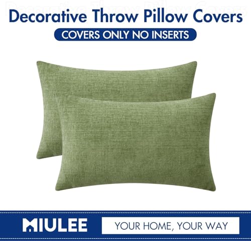 Image of MIULEE Pack of 2 Couch Throw Pillow Covers 14x24 Inch Spring Soft Sage Green Chenille Lumbar Pillow Covers for Sofa Living Room Solid Dyed Cases