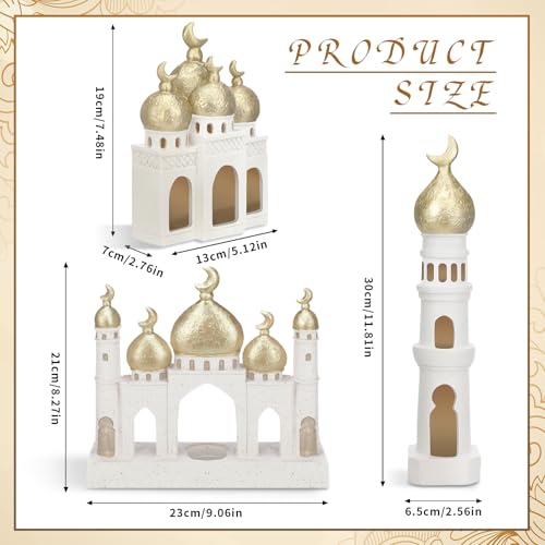 Bucherry 3 Pcs Eid Mubarak Decorations Gold and White Decorative Mosque Tower Ornaments for Home Display Islamic Gift Eid Mubarak Ramadan Table Decor for Muslim Party by Bucherry - Image 2