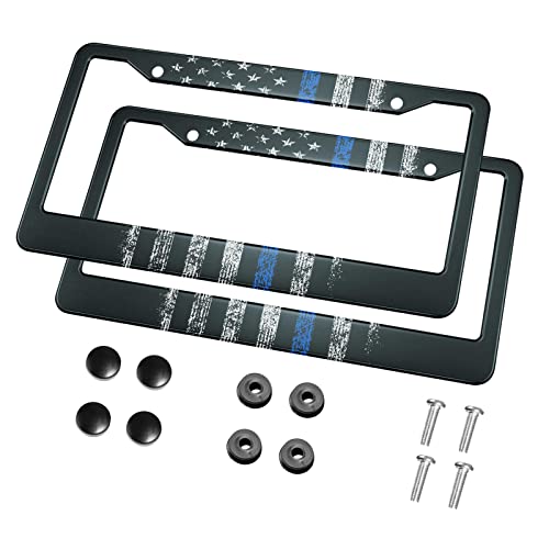 HOSNYE USA Police Flag License Plate Frame Blue Line Grunge Design Metal 2 Pcs 2 Holes Black Licenses Plates Frames Front Licenses Plate Covers Car Tag Frame for Women Men US Vehicles