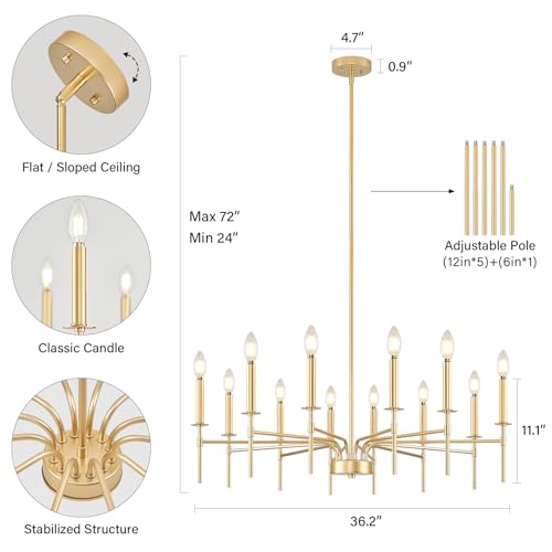 Pevfah PH3060 Modern Farmhouse Gold Chandeliers For Dining Room Light Fixture, 12-Light Metal Candle Chandeliers Lighting thumb #4