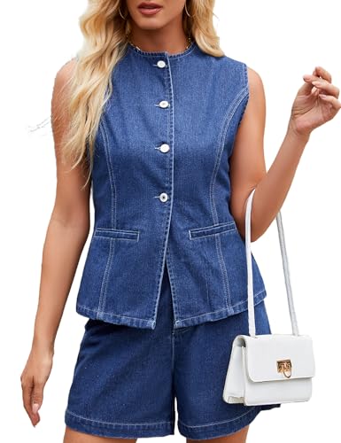 Denim Vest Women Jean Vest Tops Button Down Sleeveless Denim Tank Tops Crew Neck Summer Trendy Waistcoat with Pockets