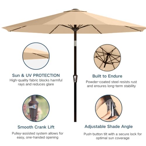 Image of 9' Solar LED Patio Umbrella with Tilt & Crank|8 Sturdy Ribs,UV Protection,Outdoor Market Table Umbrella for Deck,Lawn,Pool,Backyard (Khaki)