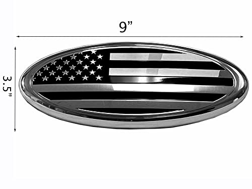 9 Inch Front Grille American Flag Emblem For Ford, 9"X3.5" Oval Decal Badge Nameplate For F150, F250, F350, Edge, Explorer, Range (9", Chrome And Black) #TOP1