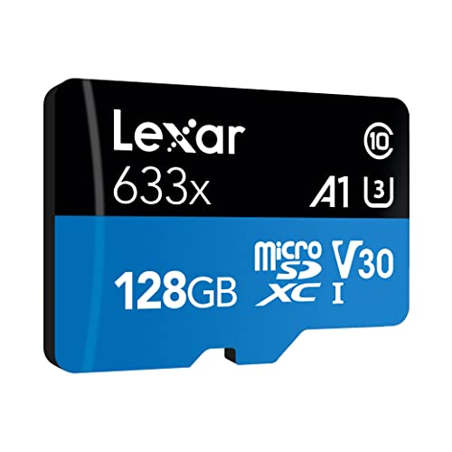 128GB– Class 10, A1, UHS-I (U3), V30, 633x (up to 100MB/s read, up to 45MB/s write)
