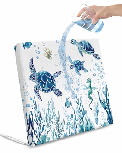 2 Pack Blue Green Sea Turtle Waterproof Cushion Covers with Ties, Outdoor Patio Chaise Lounge Chair Seat Cushion Slip Covers Replacement(Only Cover) Summer Ocean Coral Fish Seahorse 22