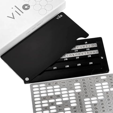 Vilo - 24 crypto seed phrase storage, Crypto Steel Wallet, Stainless Steel Crypto Cold Storage Seed Backup, Compatible with All BIP39 Wallets, Ledger Nano, Trezor, KeepKey, Coldcard. Cover