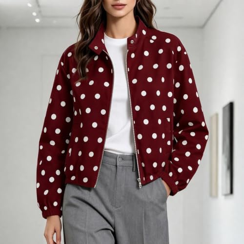 SHOPESSA Women Polka Dot Jacket Zip Up Cropped Bomber Jackets with Pockets - image 2