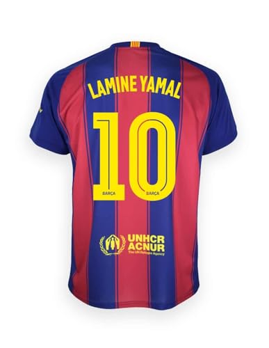 FC Barcelona Camiseta Lamine Yamal 25/26 | 1ª Equipación Adulto | Réplica Oficial Estadio con Nombre y Dorsal del Barça (FR/ES, Letras, L, Regular, Regular, Rojo y Azul)