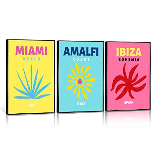 OAOPIC Black Framed Vintage Travel Posters Room Decor Aesthetic for Teen Girls 3 Pieces Retro Beach City Canvas Wall Art Prints Paintings Abstract Trendy Preppy Colorful Boho Pictures 16x24in
