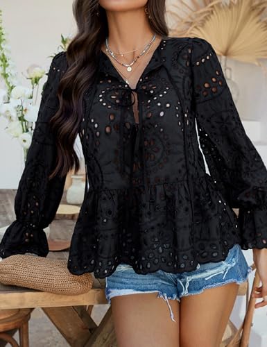 Women's Tie Front Peplum Blouses Puff Long Sleeve Babydoll Bow Shirts Hollow Out Eyelet Lace Tops4