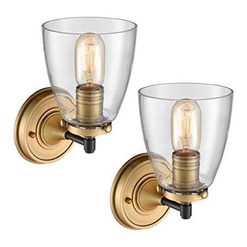 Review WILDSOUL 40051AB-2 Modern 1-Light Bath Vanity Wall Light Lamp Fixture, LED Compatible Vintage Farmhouse Dome Wall Sconce, Antique Brass Finish with Clear Glass and Brass Parts, Pack of 2