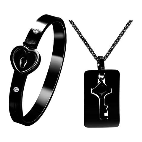 Tobestu His and Hers Matching Set Couple Titanium Heart Lock Bangle Bracelet and Shield Key Pendant Necklace Korean Style (2.4inch-Black) Cover