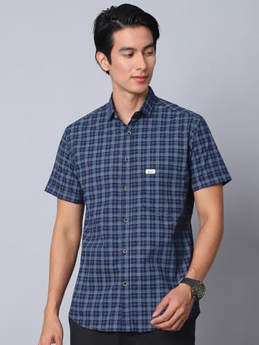 Image of Majestic Man Men Comfort Slim Fit Checked Pure Cotton Half Sleeve Casual Shirt