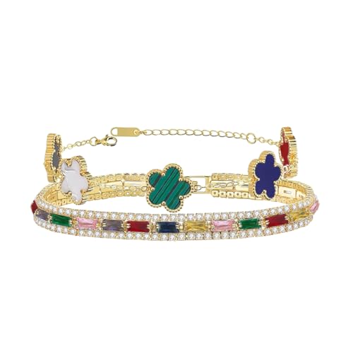 2Pcs Stackable Bracelet Set for Women Colourful Cubic Zirconia Tennis Bracelet Adjustable 18K Gold Plated Clover Bracelet Set for Women (Colourful)