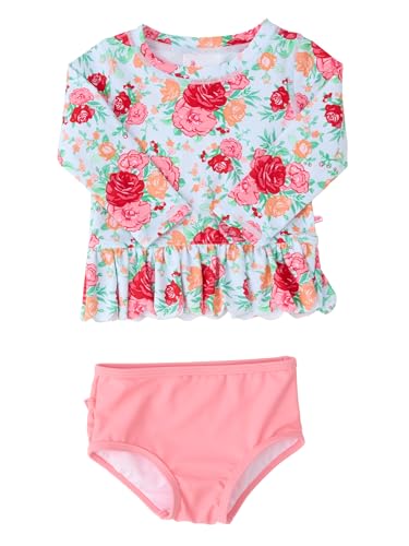 Image of RuffleButts Baby /Toddler Girls Scalloped Long Sleeve Rash Guard 2-Piece UPF50+ Sun Protected Swimsuit